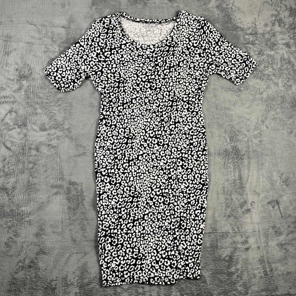 BumpStart Bodycon Dress Womens Medium Black White Leopard Print Knit Ribbed